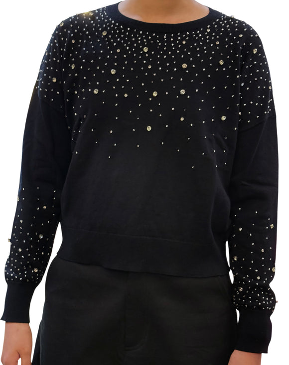 Black Embellished Crew Neck Sweater
