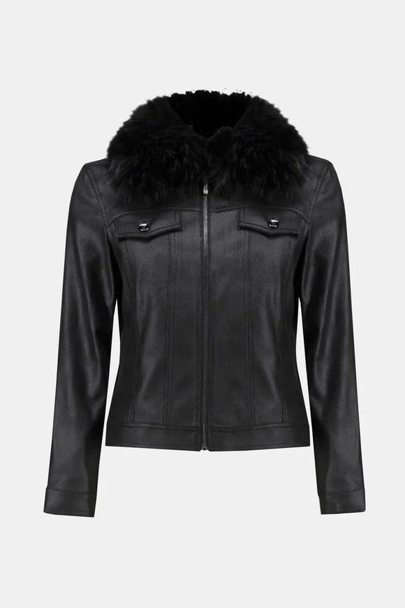 Vegan Leather Jacket with Faux Fur Collar