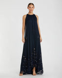 High Neck Floral Embellished Trapeze Gown