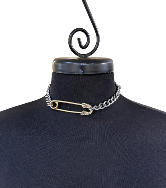 Silver Links with Gold Safety Pin Short Necklace