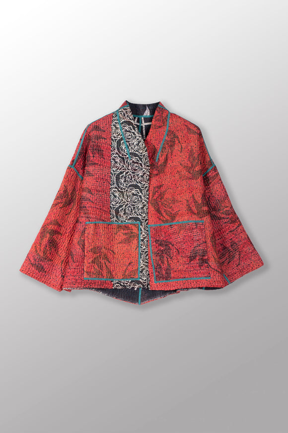 Vintage Cotton Kantha Stand Collar Cropped Jacket