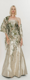 Abstract Floral Brocade Strapless Gown with Stole