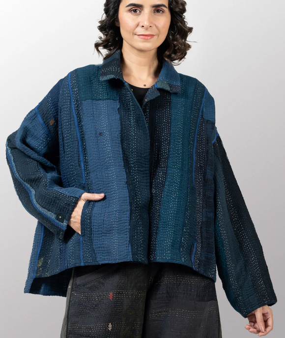 Cotton Stripe  Patch Kantha Cropped Shirt Jacket
