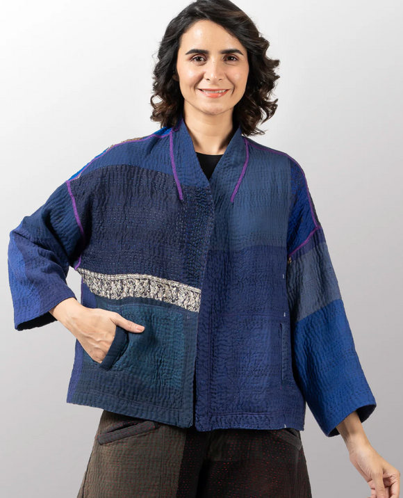Cotton Silk SW Patch Kantha Stand Collar Cropped Jacket