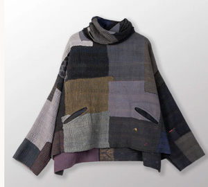 Frayed Patch Mix Kantha New Cowl Neck Poncho