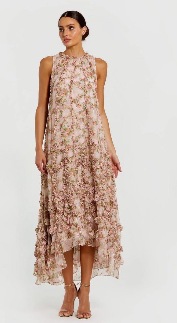 Sleeveless Floral Print Chiffon Micro Ruffle Gown