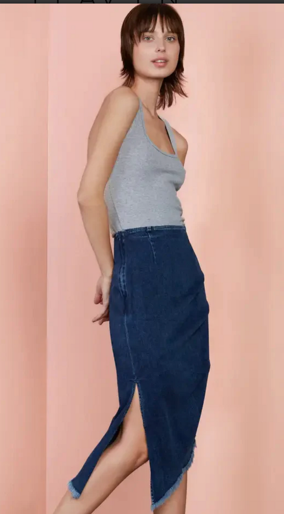 DENIM BUSTLE MIDI SKIRT