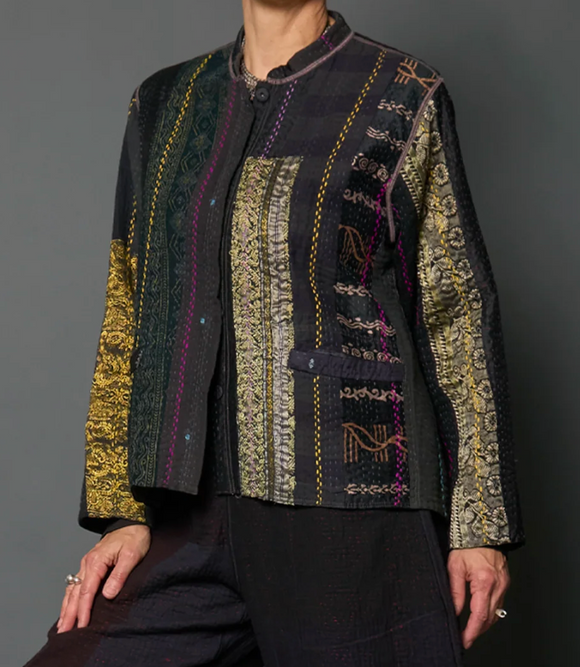 JEWEL WOVEN WITH VERTICAL PATCH KANTHA KAFTAN JACKET SHORT