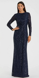Navy Sequin Long Sleeve Mid High Neck Column Gown