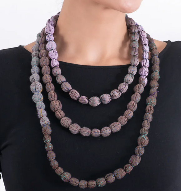 VINTAGE SILK KANTHA TIE-BEADS LONG NECKLACE