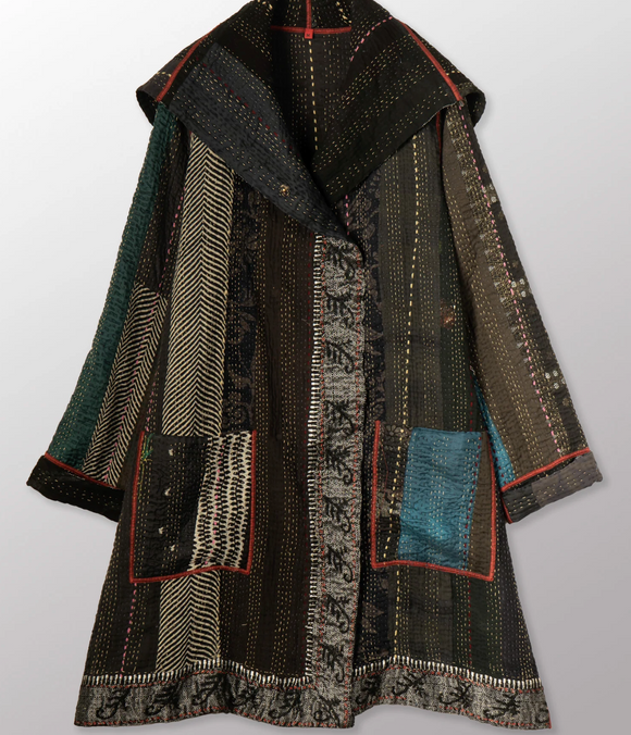 STRIPE RALLIS KANTHA POCKET MEDIUM COAT