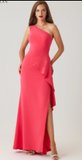 Crepe One Shoulder Side Drape Cascade Ruffle Gown