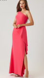 Crepe One Shoulder Side Drape Cascade Ruffle Gown