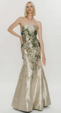Abstract Floral Brocade Strapless Gown with Stole