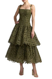 Lace Square Neck Sleeveless Ruffle Tiered Midi Dress In Olive