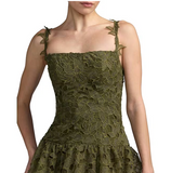 Lace Square Neck Sleeveless Ruffle Tiered Midi Dress In Olive