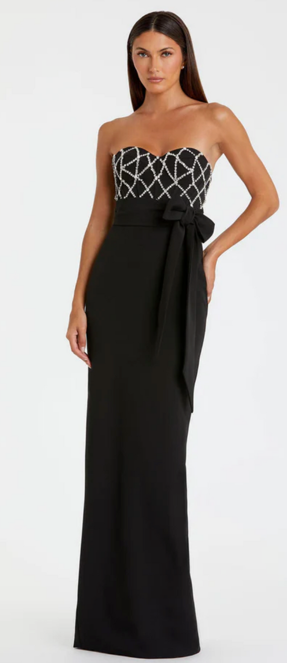 Strapless Crepe Embellished Bustier Gown With Bow