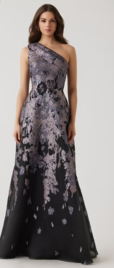 One Shoulder Metallic Jaquard Gown
