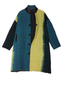 Teal Ombre And Patch Kantha Oversized Medium Coat