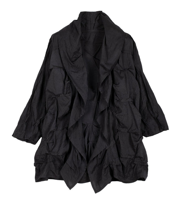 Dyed Cotton Silk Heavy Voile Wavy Tuck Black Cocoon Jacket