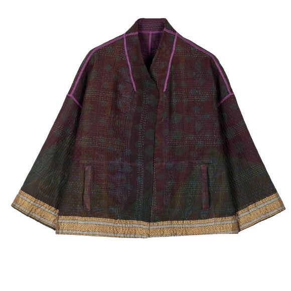 Woven Vintage Cotton Kantha Stand Collar Cropped Jacket