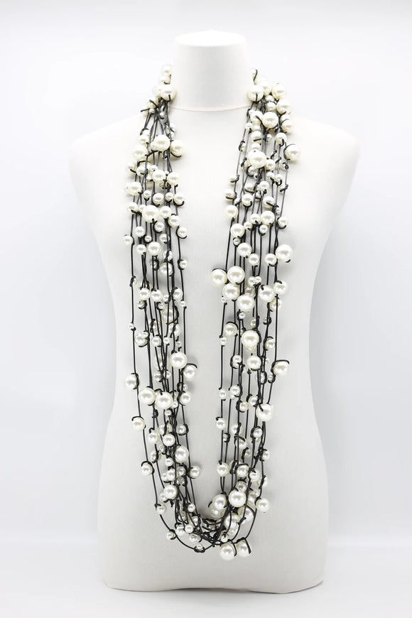 White Faux Pearls on Leatherette Necklace