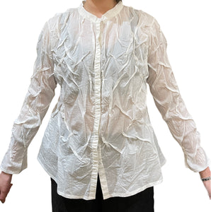 Dyed Cotton Silk Voile Wavy Tuck Bandcollar Shirt