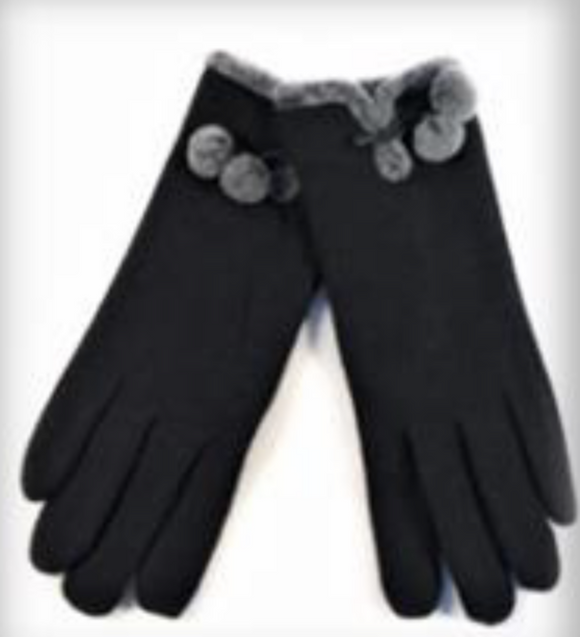 Wool Blend Black Glove w/Pom Pom Trim & Faux Fur Interior